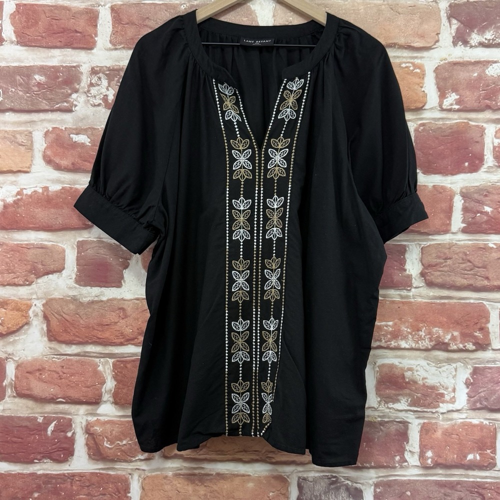 Lane Bryant Top Womens 18/20 Black Multicolor Boho Floral Embroidered Trim Shirt